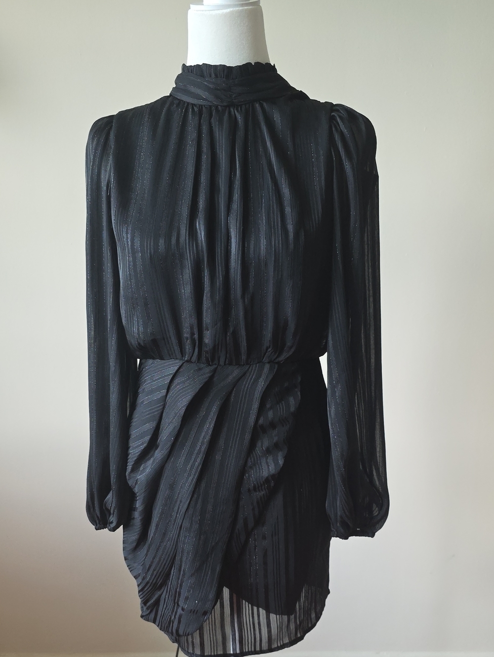 Lulu's Black Long-Sleeve Pleated Wrap Mini Dress